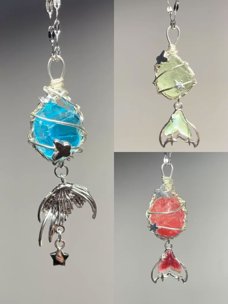 Wire Wrapped Crystal Pendant Necklace | Mermaid Tail Charm Gemstone Necklace