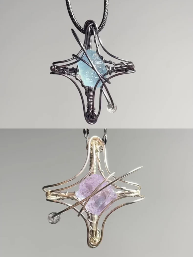 Raw Crystal Star Wire Wrapped Pendant Necklace - Square Geometric Design, Handmade Gemstone Jewelry