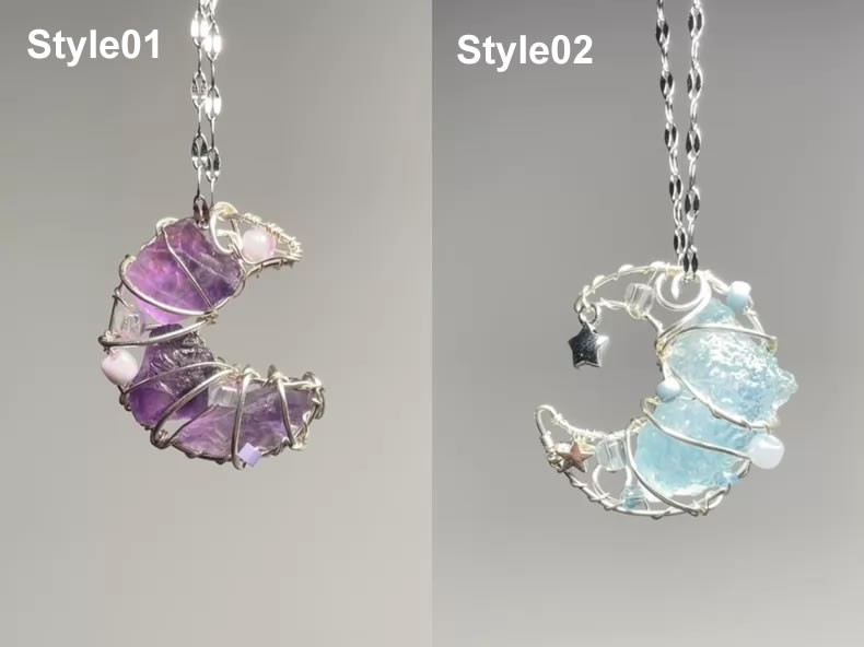Crystal Wire Wrapped Necklace Finished Product, Moon Design Dainty Pendant Necklace for Women, Handmade Boho Crystal Necklace