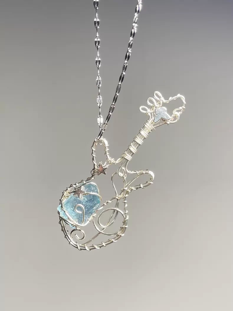 Handmade Guitar Style Crystal Wire Wrapped Necklace - Finished Jewelry for Music Enthusiasts