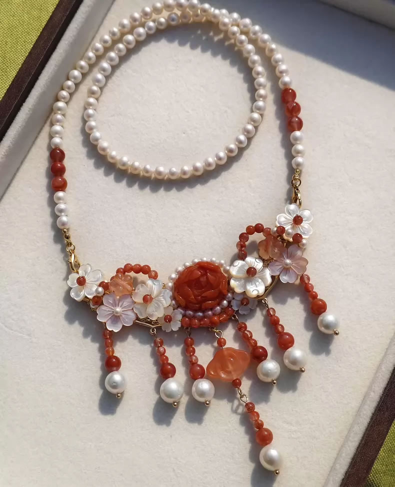 Handmade South Red Agate & Natural Freshwater Pearl Jewelry Set, New Chinese Style Classical Necklace & Earrings, Vintage Shell Inlaid Accessories for Hanfu, Cheongsam & Lolita Outfits