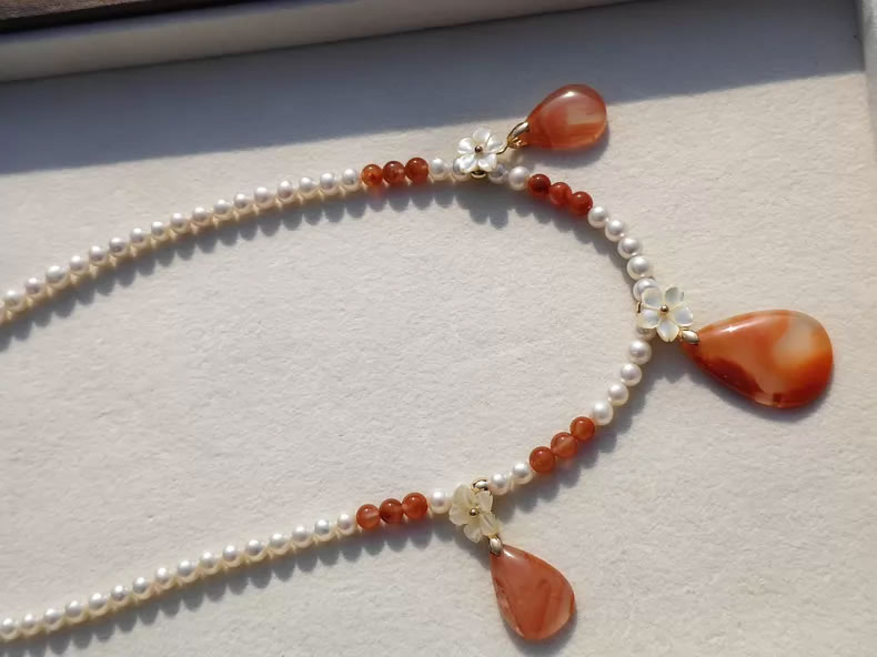 Natural South Red Agate Water Drop & White Butterfly Shell Pearl Necklace & Earrings Set, Original Handmade New Chinese Classical Jewelry, Vintage Accessories for Hanfu, Cheongsam and Lolita Outfit